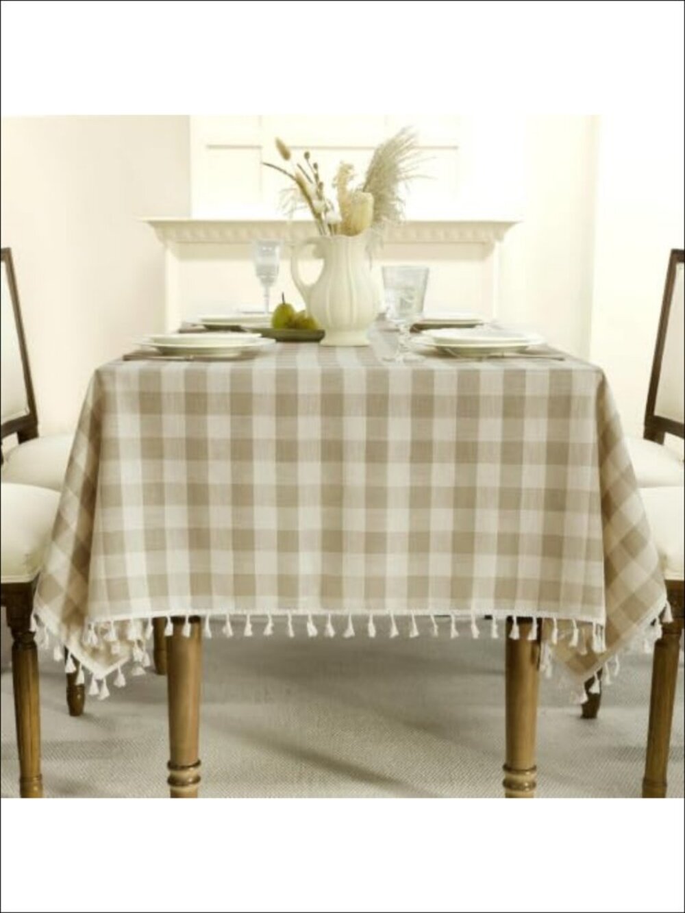 Gingham Tassel Tablecloth Rectangle 60 x 84 Inch Cotton Linen Farmhouse Dining